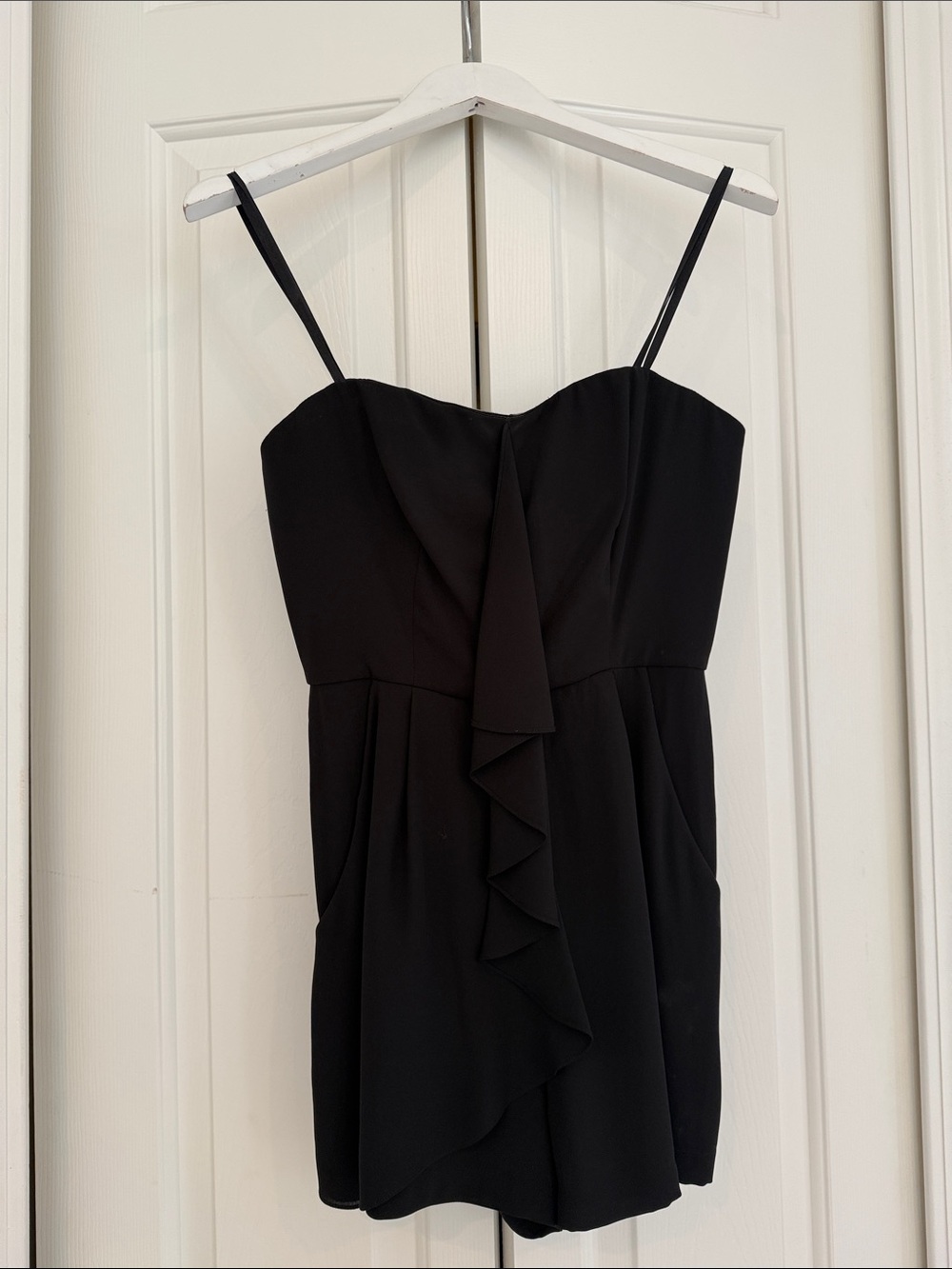 BCBGMaxAzria Black Ruffle Front Spaghetti Strap Romper